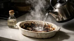グラタン皿の焦げを簡単に落とす方法、酢と熱湯で30分放置するだけ